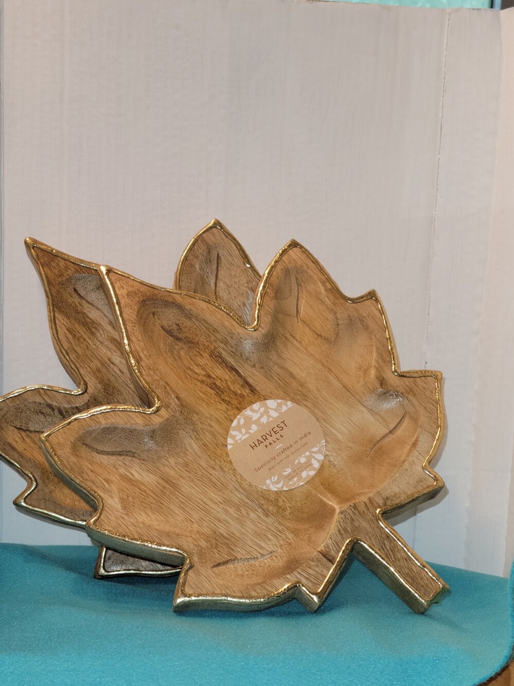 Wooden Leaf Serving Tray in Natural Wood with Gold Trim